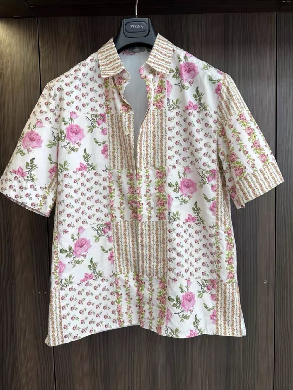 Dior White Short-Sleeve Button Down Shirt with Pink Rose Patchwork